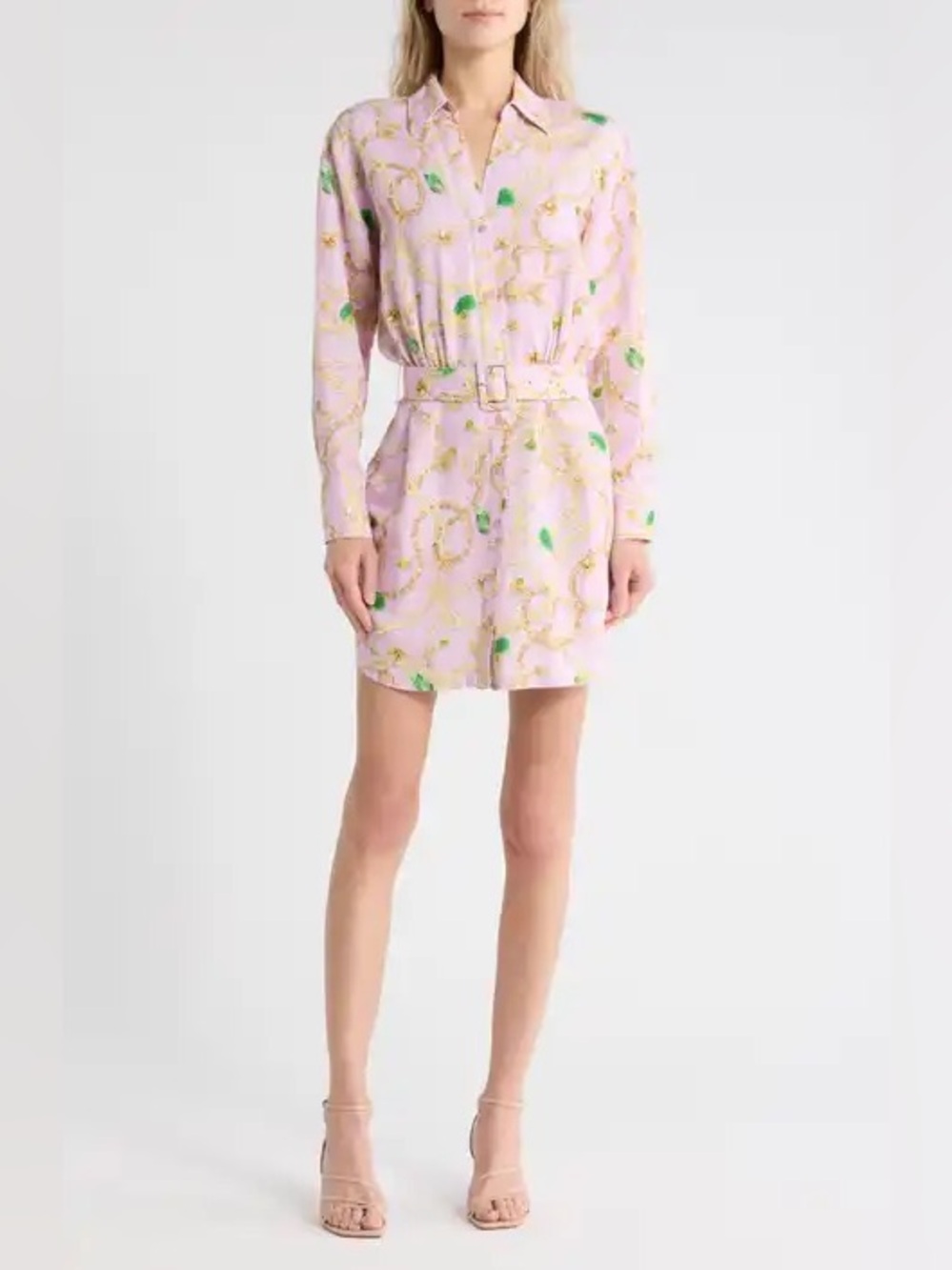 L'AGENCE Pink Shirt Dress with Green & Gold Chain Print NWT